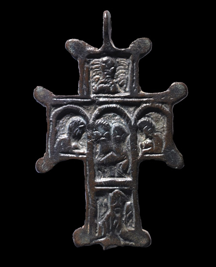 Cast bronze cross with scenes